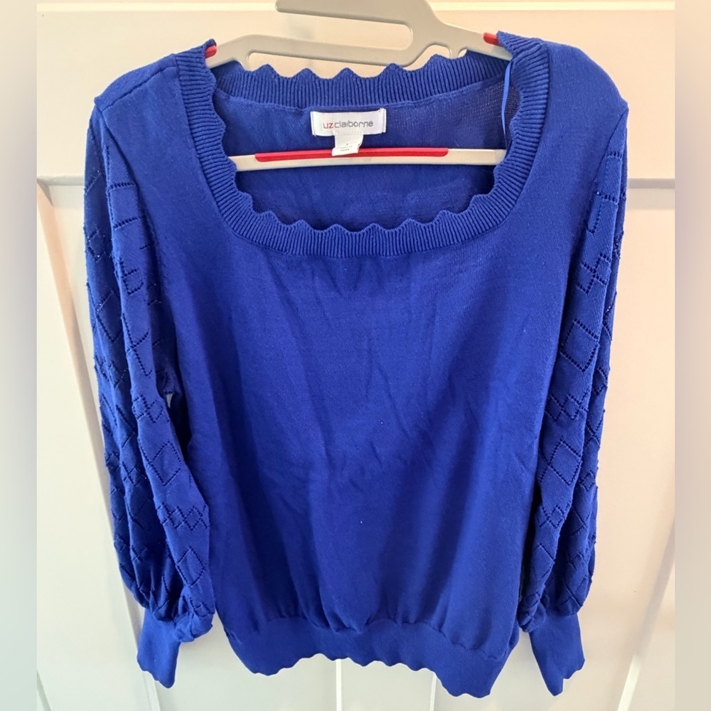 Liz Claiborne Blue Scalloped Neck Sweater Large Long Sleeve Knit Top Sweater